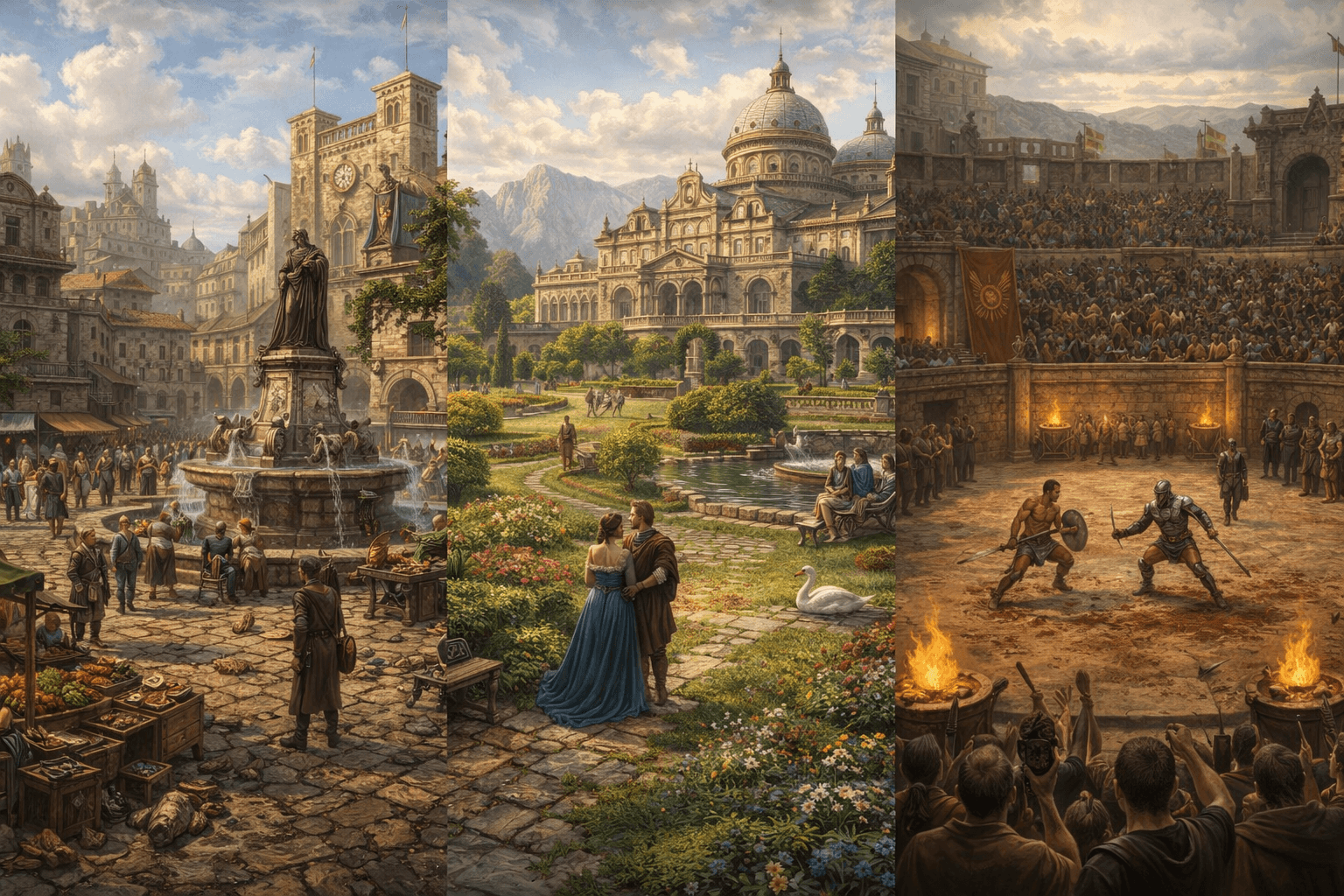 Townsquare, Governor's Mansion, and Fighter's Arena